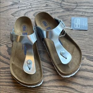 NEW! Birkenstock soft footbed Silver Metallic Gizeh Sandals size 6-6.5